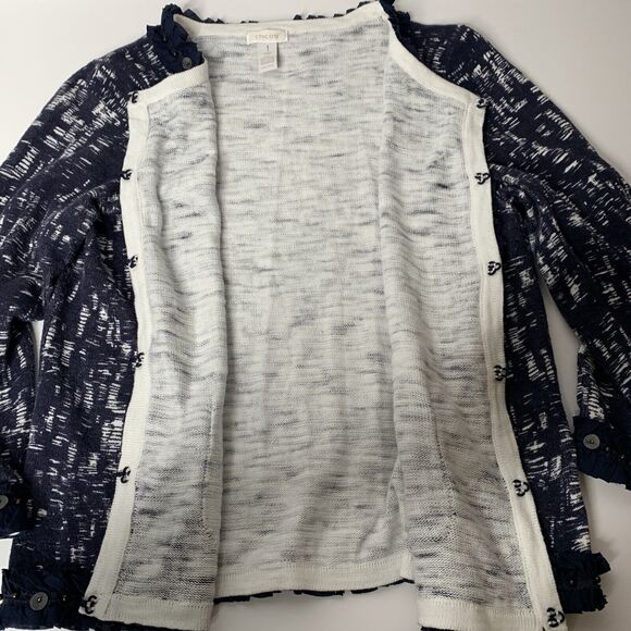 CHICO'S Women Cardigan Sz 1 Beaded Ruffle Blue/White Preppy Sweater pockets M - Picture 12 of 12